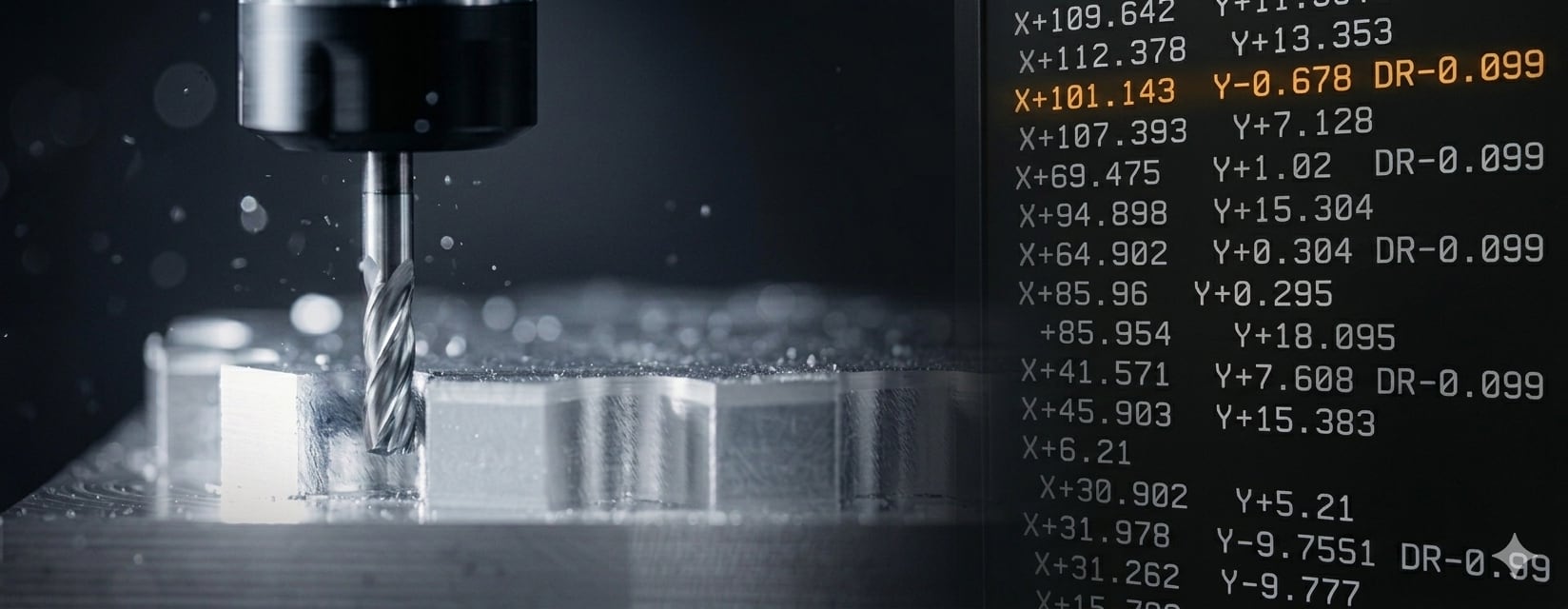 A carbide end mill cutting a step into an aluminium block, with the machine's coordinate readout beside it.