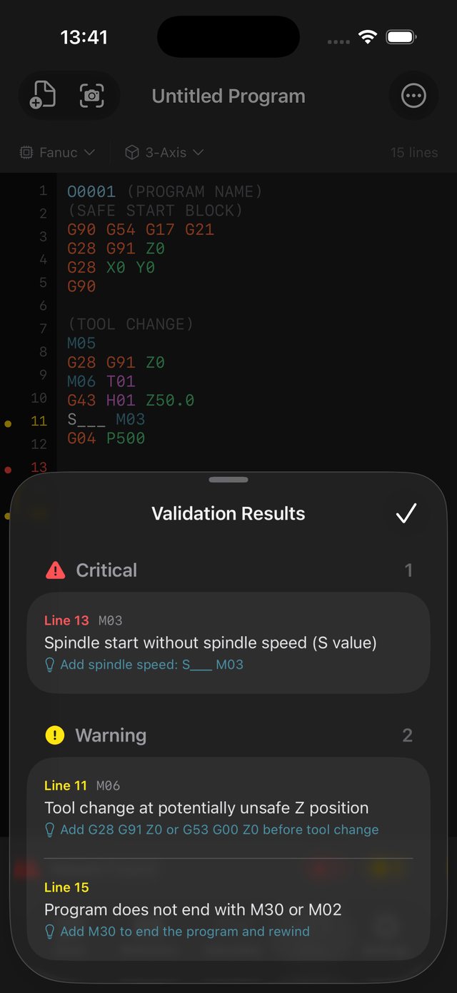 The editor on iPhone: a Fanuc program with its validation results, one critical spindle start without a speed and two warnings.