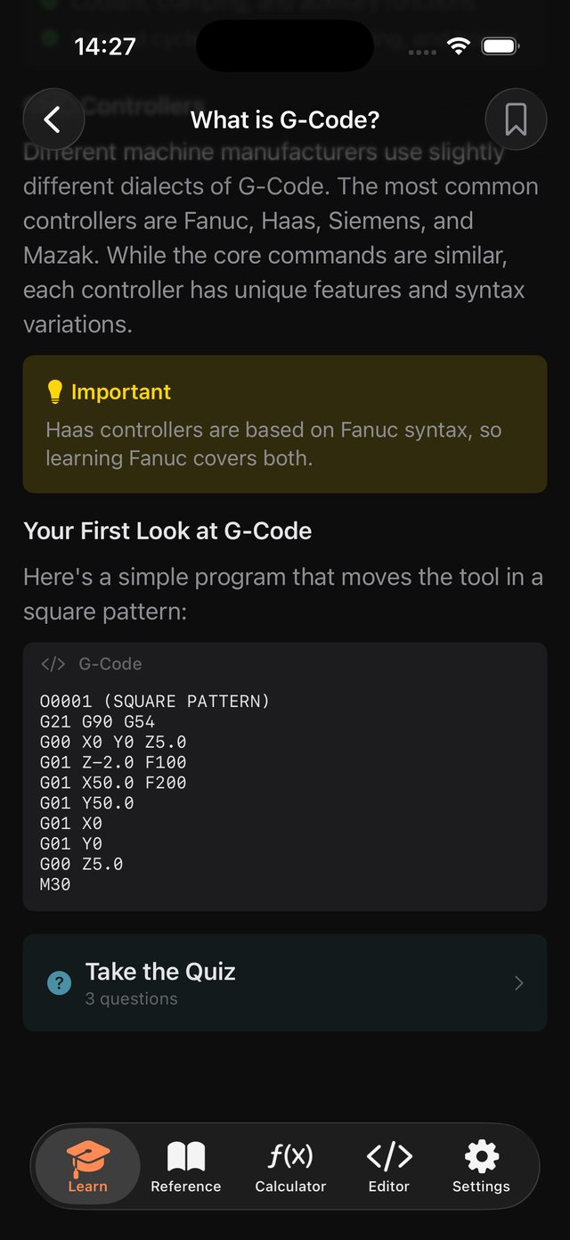 A lesson on iPhone, What is G-Code, with a short square-pattern program and a three-question quiz.