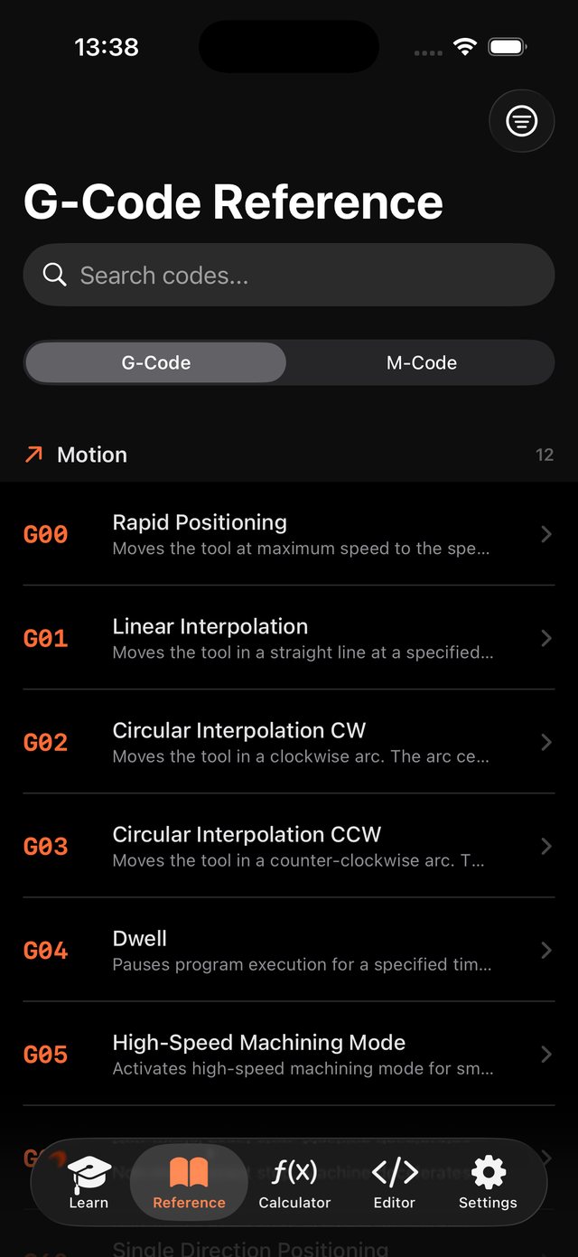 The G-code reference on iPhone: the Motion category, G00 to G05, each with a one-line description.