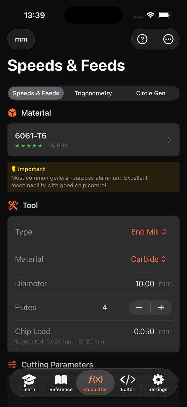 The speeds and feeds calculator on iPhone: 6061-T6, a 10mm four-flute carbide end mill and the suggested chip load range.